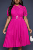 Formal O Neck Short Sleeve Hollow Out Lace With Belt Evening Party Office Lady Wedding Guest Plus Size Pleated Midi Dresses