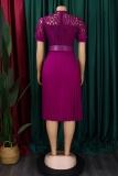 Formal O Neck Short Sleeve Hollow Out Lace With Belt Evening Party Office Lady Wedding Guest Plus Size Pleated Midi Dresses