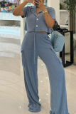 Casual Turndown Collar Short Sleeve Buttons Crop Blouse And Wide Leg Pants Vacation Two Pieces Trouser Sets