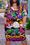Casual Cartoon Print Basic V Neck Short Sleeve Vacation Loose Pockets Midi T-Shirt Dress
