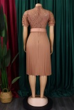 Formal O Neck Short Sleeve Hollow Out Lace With Belt Evening Party Office Lady Wedding Guest Plus Size Pleated Midi Dresses
