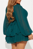 Casual Backless Belted V Neck Long Sleeve Cinch Waist Ruffle Hem A Line Mini Dresses