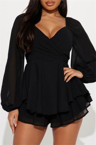 Casual Backless Belted V Neck Long Sleeve Cinch Waist Ruffle Hem A Line Mini Dresses