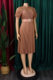 Formal O Neck Short Sleeve Hollow Out Lace With Belt Evening Party Office Lady Wedding Guest Plus Size Pleated Midi Dresses