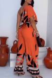Casual Floral Print Sloping Shoulder Flounce Sleeve Irregular Hem Vacation Wide Leg Jumpsuits