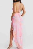 Floral Print Sleeveless Backless High Slit Ruched Strap Design Ruffle Trim Irregular Hem Formal Evening Party Wedding Halter Maxi Slip Dresses