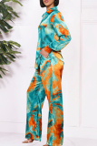 Casual Tie Dye Print Shirt Collar Long Sleeve Blouse And Wide Leg Pants Vacation Two Pieces Trouser Sets