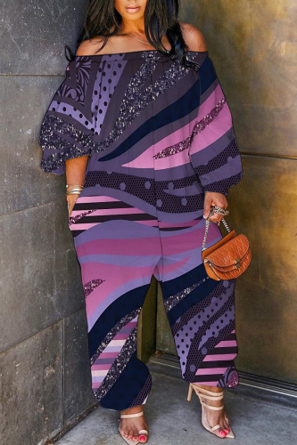 Casual Graphics Print Off Shoulder Long Sleeve Vacation Loose Harem Jumpsuit