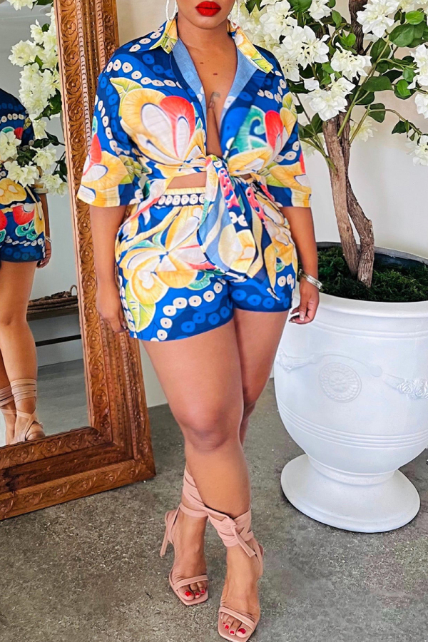 Casual Boho Floral Print Turndown Collar Half Sleeve Blouse And Shorts Vacation Two Pieces Shorts Sets
