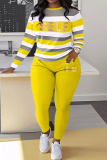 Sportwear Casual Stripe Print O Neck Long Sleeve Oversize Sweatershit And Skinny Pants Two Pieces Sweatpant Sets