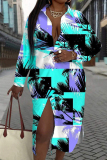 Casual Graphics Print Turndown Collar Long Sleeve Front Slit Vacation Buttons Shirt Mini Dresses