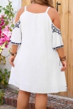 Casual Floral Print V Neck Short Sleeve Hollow Out Belted Vacation Plus Size Mini Dresses