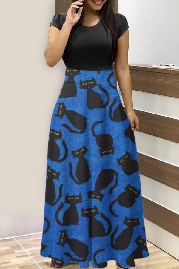 Halloween Pumpkin Bat Cat Print O Neck Short Sleeve A Line T Shirt Maxi Dresses
