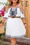 Casual Floral Print V Neck Short Sleeve Hollow Out Belted Vacation Plus Size Mini Dresses