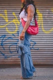 Casual Bow Decor Belted High Waist Lace Up Fitted Distressed Wide Leg Denim Jeans