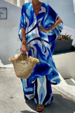 Casual Tie Dye Print V Neck Half Sleeve Loose Blouse And Wide Leg Pants Vacation Two Pieces Trouser Sets