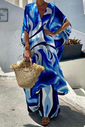 Casual Tie Dye Print V Neck Half Sleeve Loose Blouse And Wide Leg Pants Vacation Two Pieces Trouser Sets
