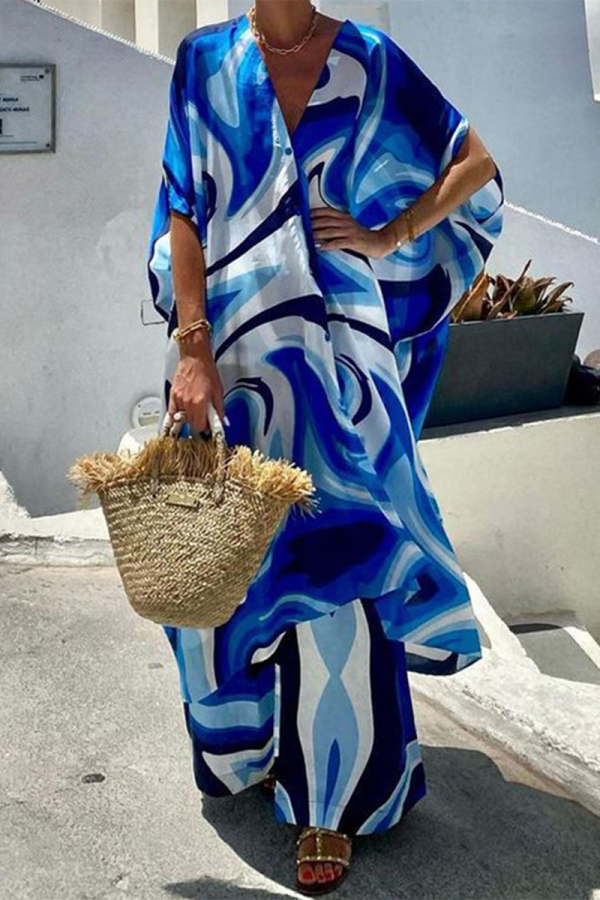 Casual Tie Dye Print V Neck Half Sleeve Loose Blouse And Wide Leg Pants Vacation Two Pieces Trouser Sets