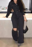 Casual Turndown Collar Long Sleeve Hollow Out Ripped Fitted Vacation Wide Leg Denim Jumpsuits