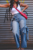 Casual Bow Decor Belted High Waist Lace Up Fitted Distressed Wide Leg Denim Jeans