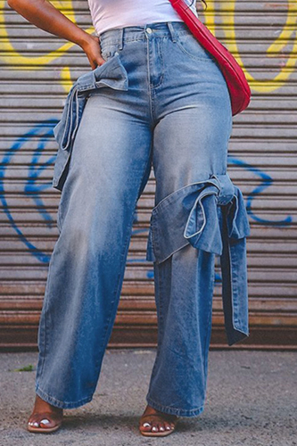 Casual Bow Decor Belted High Waist Lace Up Fitted Distressed Wide Leg Denim Jeans