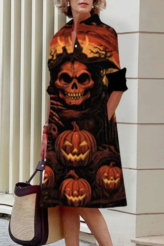 Halloween Costumes Skull Pumpkin Print Turndown Collar Long Sleeve Buttons Midi Shirt Dresses
