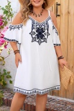 Casual Floral Print V Neck Short Sleeve Hollow Out Belted Vacation Plus Size Mini Dresses