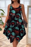 Halloween Costumes Skull Flower Print Sleeveless U Neck Irregular Hem Mini Slip Dresses