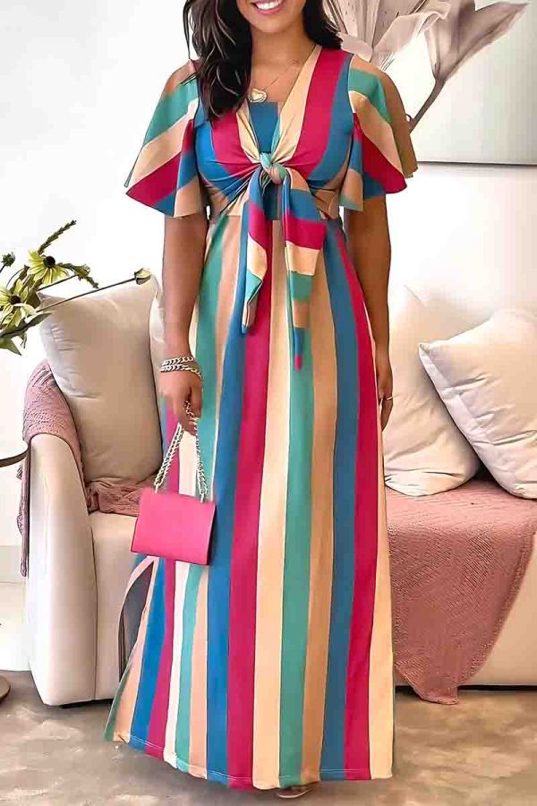 Stripe Print O Neck Ruffle Sleeve Front Tie Strap Design Long Vacation Maxi Dresses