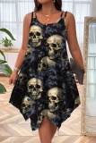 Halloween Costumes Skull Flower Print Sleeveless U Neck Irregular Hem Mini Slip Dresses
