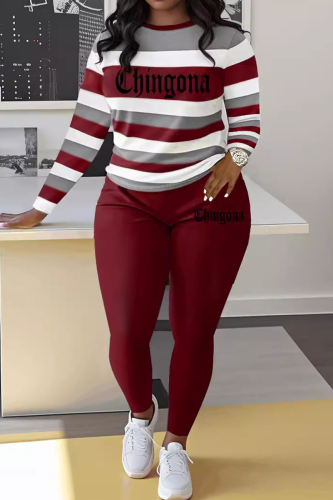 Sportwear Casual Stripe Print O Neck Long Sleeve Oversize Tops And Skinny Pants Two Pieces Sweatpant Sets