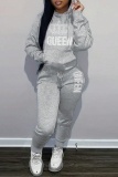 Sportwear Casual Letter Print Long Sleeve Hooded Sweatshirt And Drawstring Pants Two Pieces Sweatpant Sets
