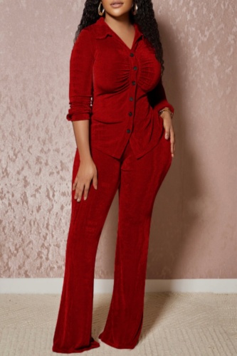 Casual Turndown Collar Long Sleeve Buttons Blouse And Flare Leg Pants Vacation Two Pieces Trouser Sets