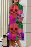 Halloween Costumes Skull Print Turndown Collar Long Sleeve Buttons Mini Shirt Dresses