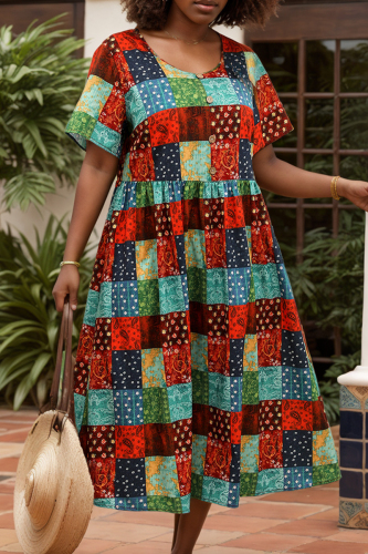 Casual Boho Floral Print O Neck Short Sleeve Vacation Plus Size A Line Midi Dresses