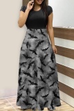 Halloween Pumpkin Bat Cat Print O Neck Short Sleeve A Line T Shirt Maxi Dresses