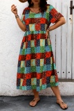Casual Boho Floral Print O Neck Short Sleeve Vacation Plus Size A Line Midi Dresses
