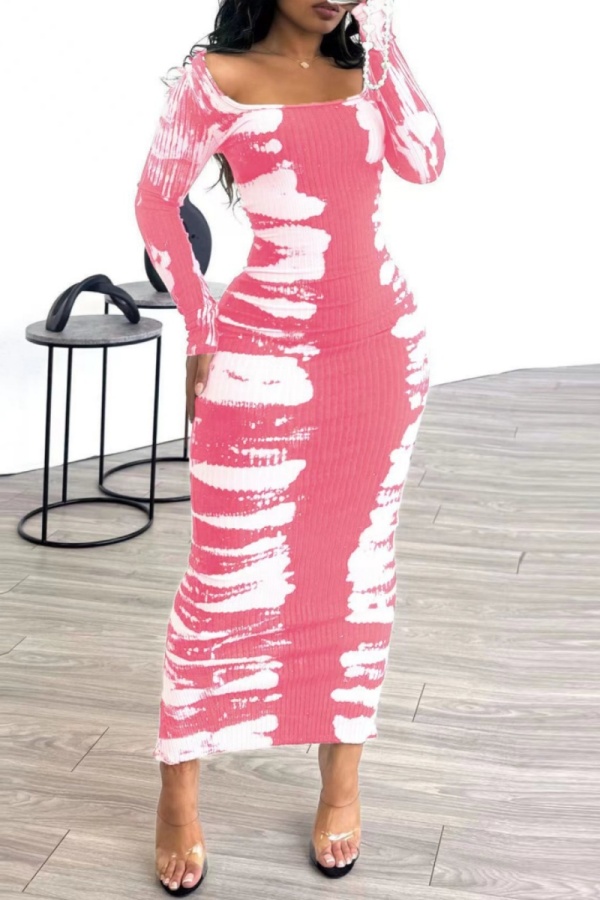 Graphics Print Square Neck Long Sleeve Evening Party Formal Bodycon Maxi Dress