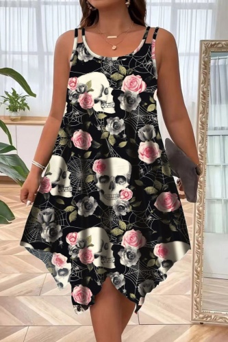 Halloween Costumes Skull Flower Print Sleeveless U Neck Irregular Hem Mini Slip Dresses