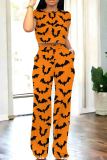 Halloween Outfit Skull Pumpkin Cat Print O Neck Short Sleeve Pocket Crop Tops And Wide Leg Pants Two Pieces Trouser Set
