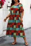 Casual Boho Floral Print O Neck Short Sleeve Vacation Plus Size A Line Midi Dresses