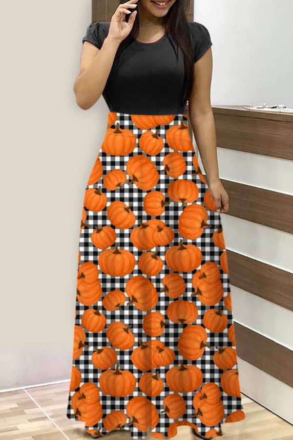 Halloween Costumes Pumpkin Bat Print O Neck Short Sleeve A Line Straight Maxi Dresses