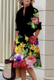 Casual Floral Print Turndown Collar Long Sleeve Buttons Vacation Mini Shirt Dresses