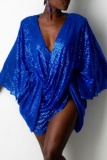 Red Sequins V Neck Batwing Sleeve Evening Formal Party Wedding Ruched Club Mini Birthday Dresses