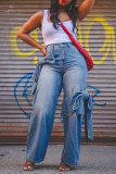 Casual Bow Decor Belted High Waist Lace Up Fitted Distressed Wide Leg Denim Jeans