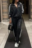 Black Striped Pattern Sequin Zipper Collar Long Sleeve Jacket and Straight Leg Pants Casual Outings Two Pieces Tracksuit Set
