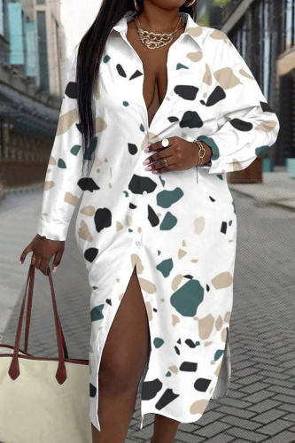 Casual Graphics Print Turndown Collar Long Sleeve Front Slit Vacation Buttons Shirt Mini Dresses