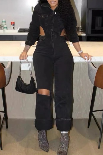 Casual Turndown Collar Long Sleeve Hollow Out Ripped Fitted Vacation Wide Leg Denim Jumpsuits