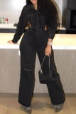 Casual Turndown Collar Long Sleeve Hollow Out Ripped Fitted Vacation Wide Leg Denim Jumpsuits