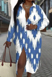 Casual Graphics Print Turndown Collar Long Sleeve Front Slit Vacation Buttons Shirt Mini Dresses